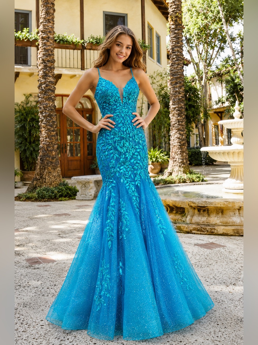 Amarra 87317 Mermaid Sequin Lace Tulle Prom Dress in Teal size 4